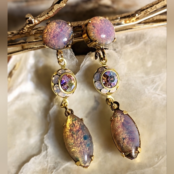 Pink Fire Opal & Rose Opal Flower Crystal Drop Down Earrings - Picture 4 of 5